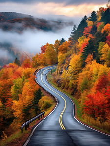 公路背景图片_秋天的森林公路背景4