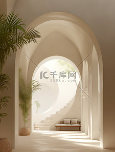 室内背景图片_拱形走廊浅米色室内建筑背景1