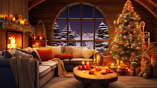 圣诞6背景图片_圣诞装饰的客厅壁炉6