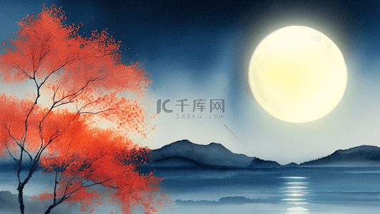 中国风水彩水粉质感中秋节明月背景