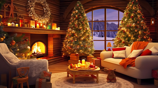 冬天背景图片_圣诞装饰的客厅壁炉12
