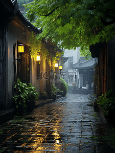 江南古镇下雨街景背景10