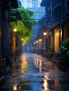 江南古镇下雨街景背景15