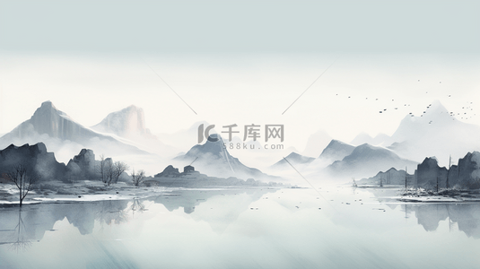 水墨画灰色背景背景图片_黑白中国风水墨画淡雅意境山水背景7