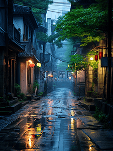 古镇背景图片_江南古镇下雨街景背景21