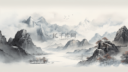 风水背景图片_黑白中国风水墨画淡雅意境山水背景4