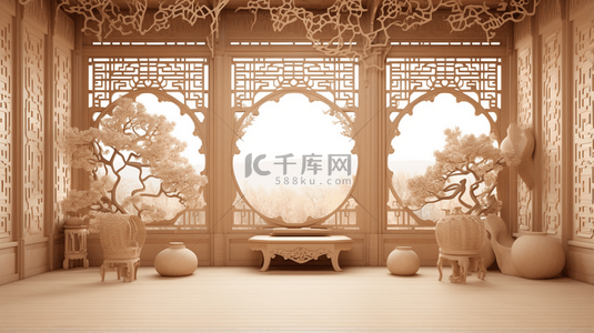 中式传统风格室内木雕镂空雕花屏风