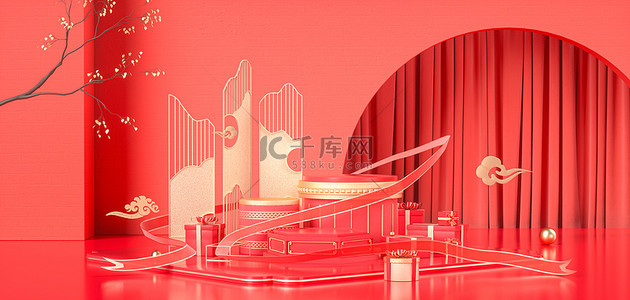 中秋节海报背景图片_C4D国庆几何舞台红色国风场景