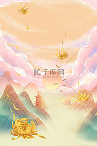 中式背景图片_重阳节各种形象黄色中国风