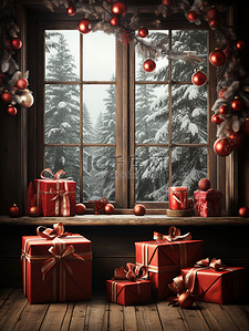 窗前红色的礼品包装圣诞装饰6