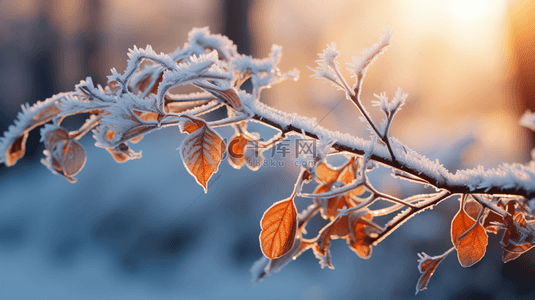 霜降节气晨光里挂霜的树枝枝叶