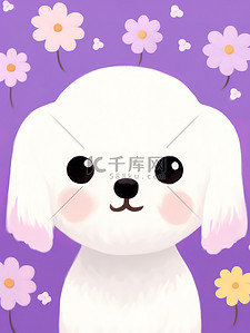 可爱白色的小狗紫色小花背景19
