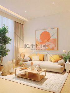 浅橙色和米色装饰的客厅家居背景15