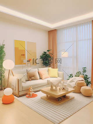 浅橙色和米色装饰的客厅家居背景4