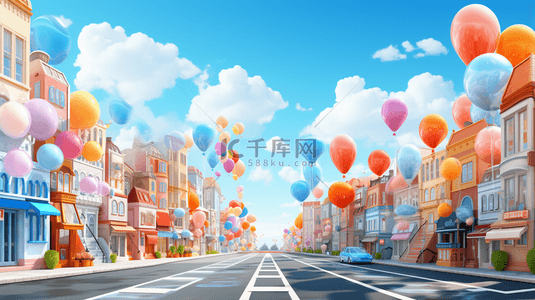 12气球背景图片_双十一城市街道商铺气球空间场景