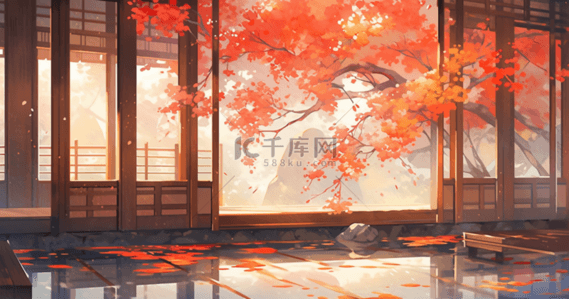 秋天橙红色中国风庭院电商空镜场景背景