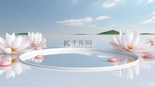 大海背景图片_鲜花装饰的白色圆形电商展示台背景2
