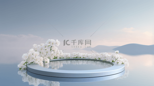 鲜花装饰的白色圆形电商展示台背景16