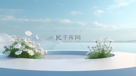 海边背景图片_鲜花装饰的白色圆形电商展示台背景9