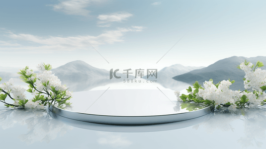简约小清新大海背景图片_白色鲜花旁的圆形展示台电商背景7