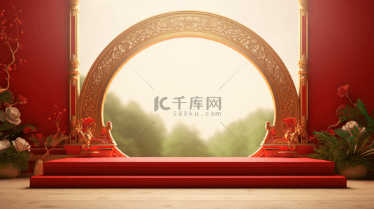 中国风金红色圆拱门戏台背景5