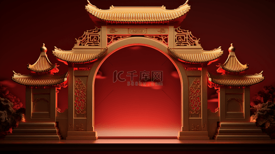 中国风金红色圆拱门戏台背景16