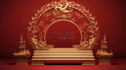 国风山水背景背景图片_中国风金红色圆拱门戏台背景8