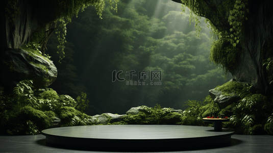 双十二背景图片_绿色系3D空间森林木桩电商空镜展示台