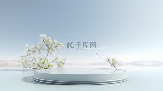 简约小清新大海背景图片_鲜花装饰的白色圆形电商展示台背景10