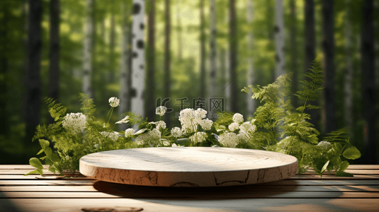 立体空间背景图片_绿色系3D空间森林木桩电商空镜展示台