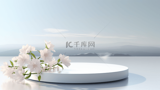 简约小清新大海背景图片_鲜花装饰的白色圆形电商展示台背景7