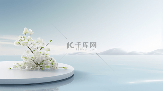 简约小清新大海背景图片_白色鲜花旁的圆形展示台电商背景12