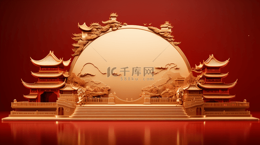 中国风金红色圆拱门戏台背景13