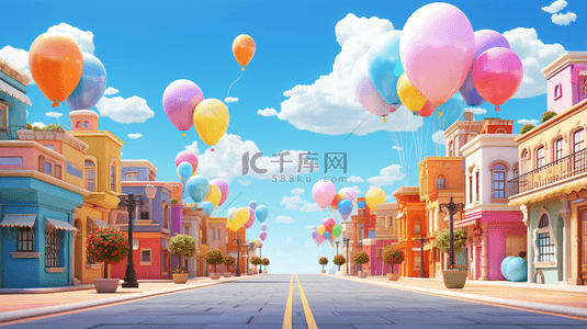 城市街道背景图片_双十一城市街道商铺气球空间场景