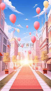 粉色城市背景图片_粉色城市街道气球场景3D立体电商展台