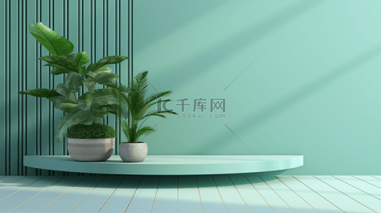 展示架上的盆栽植物和绿色墙背景1
