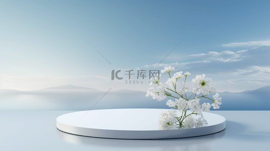大海背景图片_鲜花装饰的白色圆形电商展示台背景11