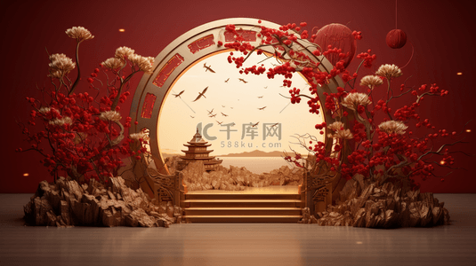 中国复古背景图片_中国风金红色圆拱门戏台背景2