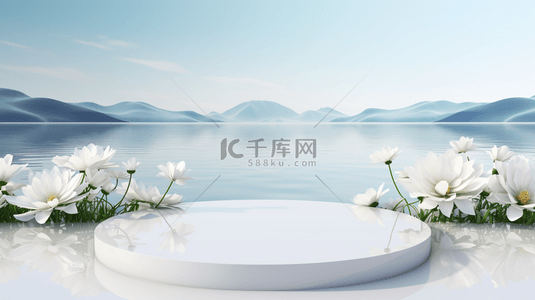 简约小清新大海背景图片_鲜花装饰的白色圆形电商展示台背景3