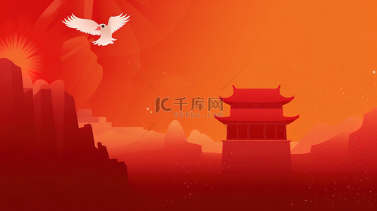中国长城和平鸽红色背景6