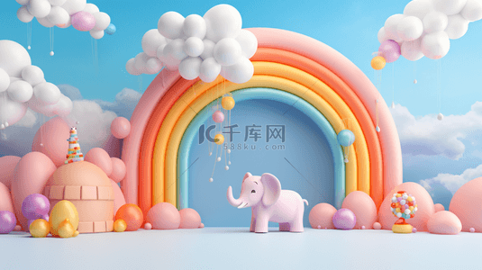 粉色气球背景图片_蓝粉色3D母婴用品彩虹气球电商产品展台