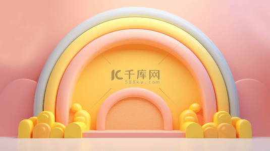 双12背景图片_粉黄色3D母婴用品彩虹气球电商产品展台