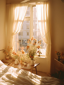家居床背景背景图片_阳光透过明亮卧室家居背景1