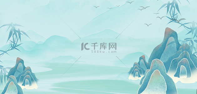 中国风水墨山水手绘海报背景