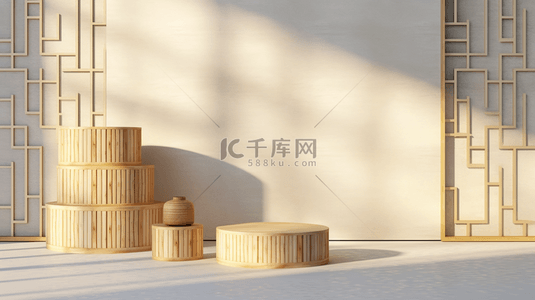 木纹背景图片_国风原木展台3D圆木立体电商展台