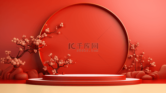 促销背景图片_C4D中国红梅花装饰的电商展示台背景3