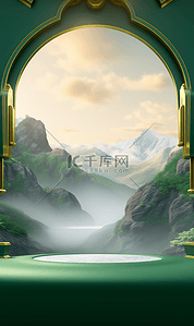 中式背景背景图片_电商中式绿色拱门展台山水场景