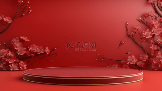 C4D中国红梅花装饰的电商展示台背景1
