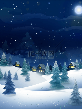 雪背景图片_雪地上森林小村庄的夜空背景9
