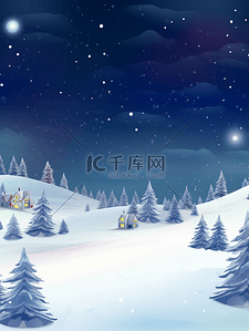 雪森林背景图片_雪地上森林小村庄的夜空背景1